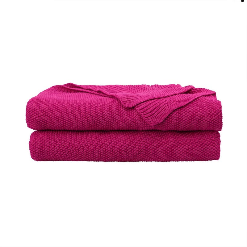 PiccoCasa 100% Cotton Knit Throw Blanket,Solid Lightweight Decorative Throws and Blankets,Soft Knitted Throw Blanket for Sofa Couch, Fuchsia 50" x 60" - Image 1